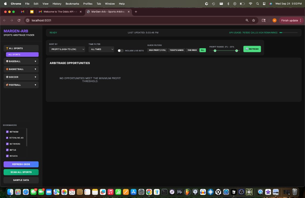 Margen-Arb sports arbitrage dashboard with sport filters, bookmaker toggles, and profit controls