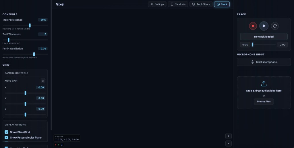 Vixel browser app with controls, vector field viewport, and audio input panel